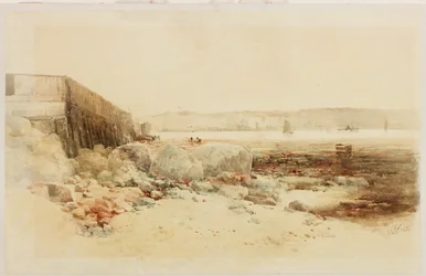 Harbor Scene (penna och akvarell på papper klistrade på kort)