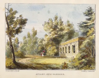 Aviary, Kew Gardens, skylt 10 från Kew Gardens: A Series of Twenty-Four Drawings on Stone, graverad av Charles Hullmandel (1789-1850) publicerad 1820 (handfärgad lito)