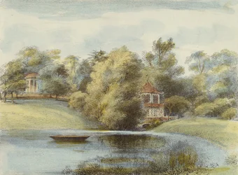 Chinese Temple and Temple of Eolus, Kew Gardens, plåt 16 från Kew Gardens: A Series of Twenty-Four Drawings on Stone, graverad av Charles Hullmandel (1789-1850) publicerad 1820 (handfärgad litho)