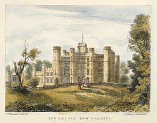 New Palace, Kew Gardens, skylt 1 från Kew Gardens: A Series of Twenty-Four Drawings on Stone, graverad av Charles Hullmandel (1789-1850) publicerad 1820 (handfärgad litho)