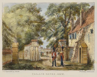 Palace Gates, Kew, skylt 3 från Kew Gardens: A Series of Twenty-Four Drawings on Stone, graverad av Charles Hullmandel (1789-1850) publicerad 1820 (handfärgad lito)