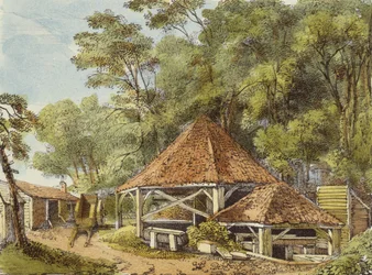 Water Works, Kew Gardens, plåt 22 från Kew Gardens: A Series of Twenty-Four Drawings on Stone, graverad av Charles Hullmandel (1789-1850) publicerad 1820 (handfärgad lito)
