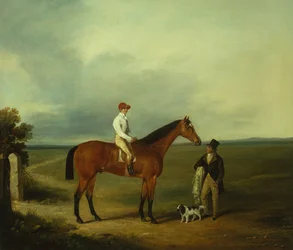 En kapplöpningshäst med jockey, tränare och spaniel (olja på duk)