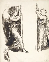 Studies for Angels in The Court of Death (penna & brunt bläck över grafit)