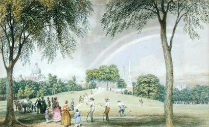 Afternoon Rainbow - Boston Common från Charles Street Mall, Boston, Massachusetts, ca 1830-40 (akvarell på papper)