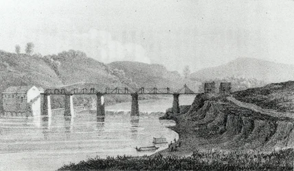 Bridge i Zanesville, Ohio, från "A Visit to North America and the English Settlements in Illinois" av Adlard Welby, publicerad 1821