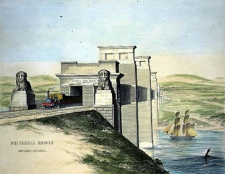 Britannia Bridge, Anglesey Entrance, graverad av konstnären, pub. 1849 (färg litho) (för svartvitt se 109679)