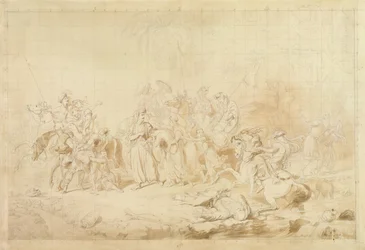 Banditti från Kurdistan hjälper georgier att överraska och bära bort cirkassiska kvinnor ca 1827-28 (penna och brunt bläck på vävt papper)