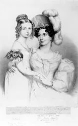 Drottning Victoria och hennes mor prinsessan Victoria, hertiginnan av Kent och Strathearn, graverad av Richard James Lane, 1834