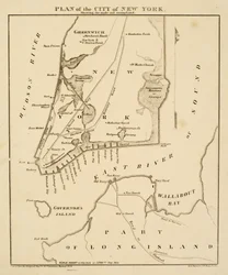 Plan över staden New York som visar det gjorda [sic] och sumpmark, 1856 (svart bläck på papper)
