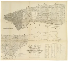 Denna karta över staden New York och ön Manhattan, som den har lagts ut av de kommissionärer som utsetts av lagstiftaren ..., 1853 (svart bläck på papper)