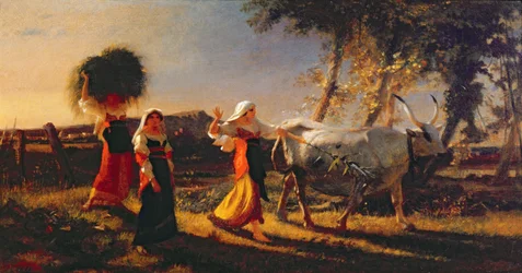 Italienska bondekvinnor i Campagna som kör en oxe