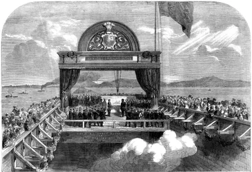Prinsen av Wales lägger den sista stenen på Victoriabron över St Lawrencefloden, 1860.