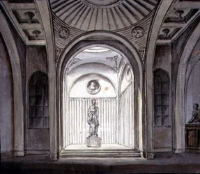 A Sculptural Gallery Interior (akvarell med penna på papper)
