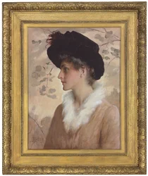 Porträtt av en dam, halvfigur, med svart hatt och pälsstola, 1888