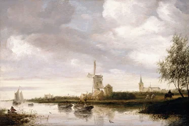 Ett flodlandskap med pråmar och segelbåtar och en kyrka bortom