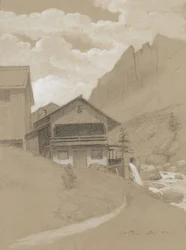 Hus i Alperna, Cortina, 1883 (grafit med vit gouache på brunt vävt papper)
