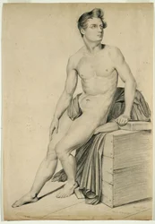 Untitled - Naken man kopierad från en litografi, 1842 (grafit på gulvävt papper)