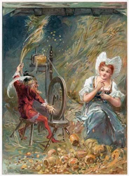 Rumpelstiltskin spinning, illustration från "Once Upon a Time" publicerad av Ernest Mister, ca 1900 (färg litho)