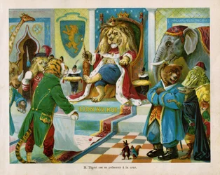 Tigret bad Kung Lejon XV att tillåta medlemmarna i Carnivore Association att få äta andra djur, i "The War of Animals", text av J. Jacquin och illustrationer av C. H. Thompson. Barnbok, Ed. Hachette  Cie, Paris, ca 1905.