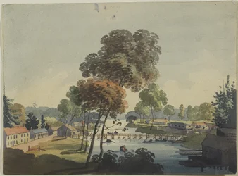 Kijiji cha Chippawa karibu na Maporomoko ya Niagara, c.1801 (wc kwenye karatasi ya kusuka)swed