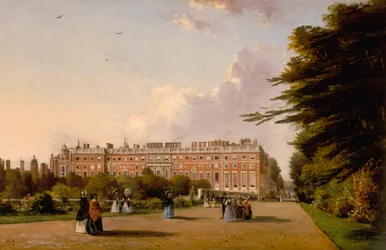 Utsikt över södra fronten av Hampton Court Palace från Broad Walk, ca 1827-49 (olja på duk)