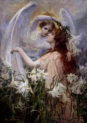 "Ängelns budskap" Ung kvinna hör en ängels röst i en trädgård med liljor. Målning av George Hillyard Swinstead (1860-1926)