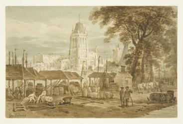 St Mary Redcliffe Church från Welsh Back (penna och akvarell på papper)