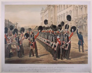Parad av Scots Fusilier Guards vid Buckingham Palace på morgonen av deras avresa till Seat of War, 2 mars 1854, graverad av E. Walker, publicerad av Colnaghi und Co., 1854