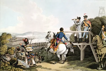 Bonaparte (1769-1821) Strax före sin flykt, tittar på attacken av hans kejserliga garde, Waterloo, 18 juni 1815, graverad av Matthew Dubourg (fl.1813-20)