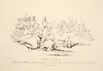 Slaget vid Ligny: Marshall Blucher bedövad av det våldsamma fallet låg intrasslad under sin häst, puben J. Booth, 1816