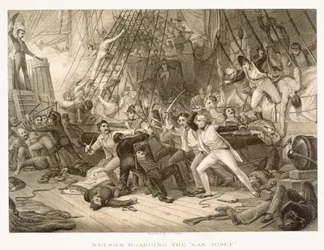 Horatio Nelson går ombord på San Josef vid slaget vid Cape St Vincent, 14 februari 1797, graverad av John Crew efter originalet i Greenwich Hospital Collection