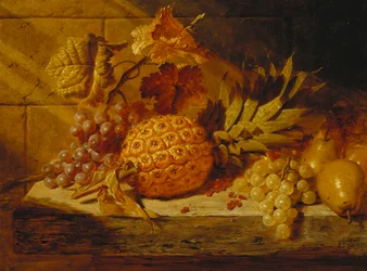 Svarta och vita vindruvor, päron, röda vinbär och en ananas på en avsats, 1845