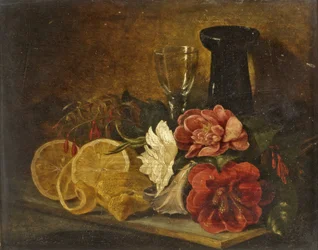 Stilleben med frukt och blommor, 1855
