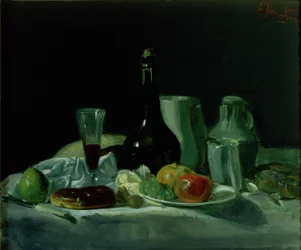 Stilleben - flaska och frukt