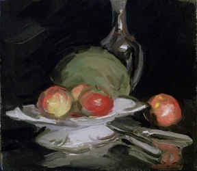 Stillebensskål med frukt, melon och karaff