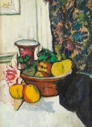 Stilleben med frukt och rosa ros (olja ombord)