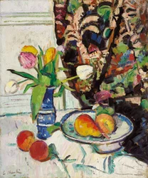 Stilleben med tulpaner och frukt,