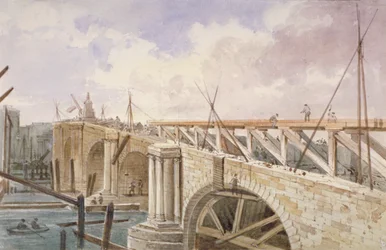 Rivningsarbete utförs på Blackfriars Bridge, 1864