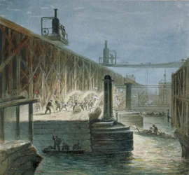 Rivningsarbete utförs på Blackfriars Bridge från Surrey-stranden, London, 1865