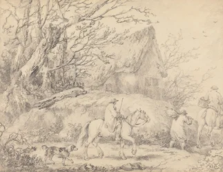 Landskap med stuga och figurer till häst
