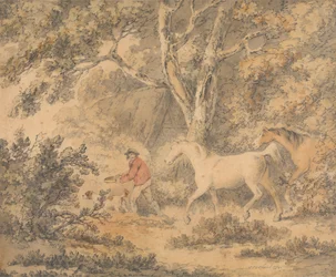 Landskap med hästar, bonde och hund