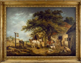 Landskap med figurer vid dörren till ett värdshus (olja på duk)
