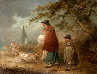 Kvinna, barn och hund på en väg