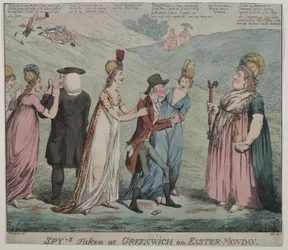 Moder Windsor med fyra av sina kurtisaner beordrar sina flickor att arrestera biskopen av Durham och hertigen av Queensbury, 1798 (färgetsning)