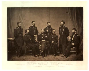 Sherman och hans generaler [Blair tillagd från ett annat negativ före tryckning], 1865 (sepiafoto)