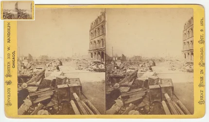 Stereograf av kassaskåp tagna från ruiner på Dearborn Street efter Chicago-branden 1871, 1871 (bw-foto på kortfäste)