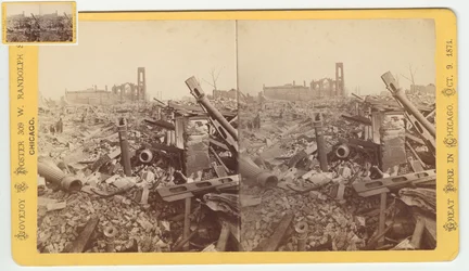 Stereograf av ruinerna av Mammoth Store of Field & Leiter efter Chicago-branden 1871, 1871 (bw-foto på kortfäste)
