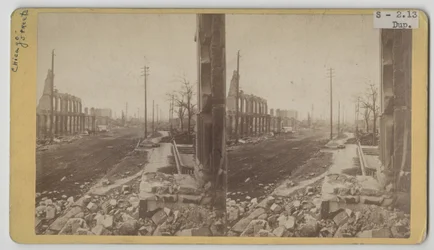Stereografvy av Clark Street efter branden i Chicago 1871