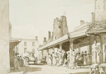 Old Market Place, Swansea (sepiatvätt  blyerts på papper)